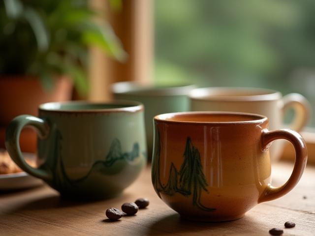 Set von Kaffeetassen mit handgemalten Motiven