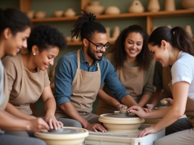 Lachende Menschen arbeiten in einer Töpferwerkstatt an der Drehscheibe, umgeben von Ton und Werkzeugen.