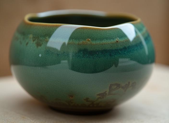 Ein fertig gebranntes Keramikstück, das eine einzigartige, von Naturpigmenten inspirierte Glasur mit subtilen Farbverläufen zeigt.